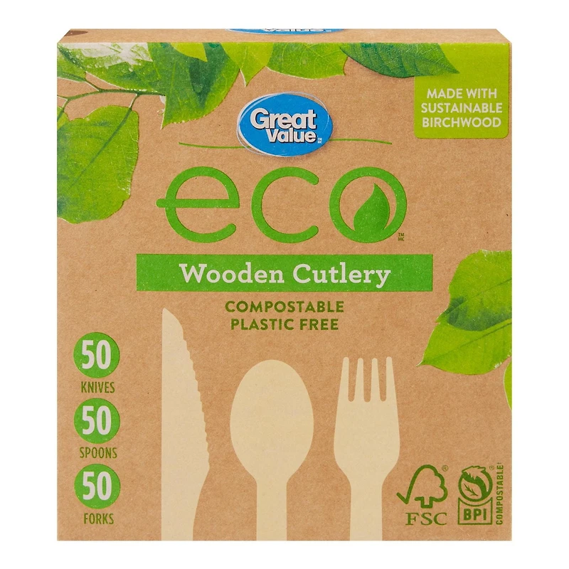 Great Value eco Wooden Cutlery, 150 Pieces