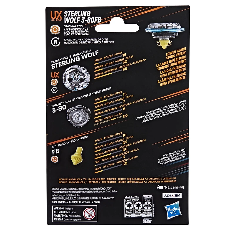 Beyblade X Sterling Wolf 3-80FB UX Starter Pack Top and Launcher