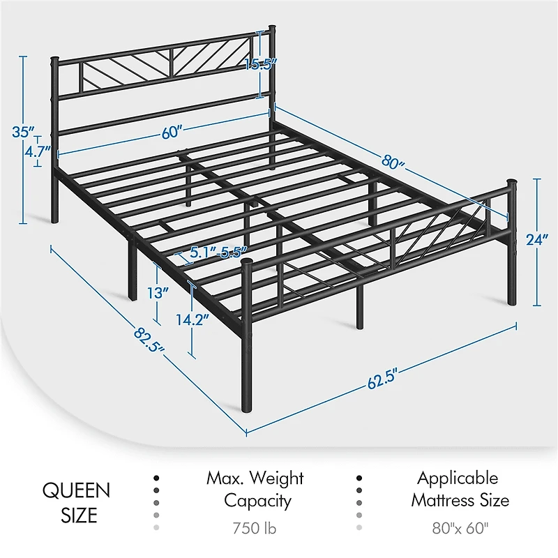 Fullfurnique Minimalist Metal Platform Bed with Arrow Design Headboard for Adults, Queen, Black