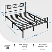 Fullfurnique Minimalist Metal Platform Bed with Arrow Design Headboard for Adults, Queen, Black