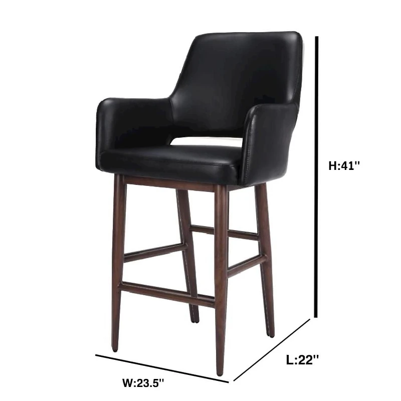 Take Me Home – Tabouret de bar à dossier haut en PU noir style milieu de siècle avec accoudoirs, structure en métal noyer et repose-pieds – Siège robuste et confortable pour cuisine, bar ou salle à ma