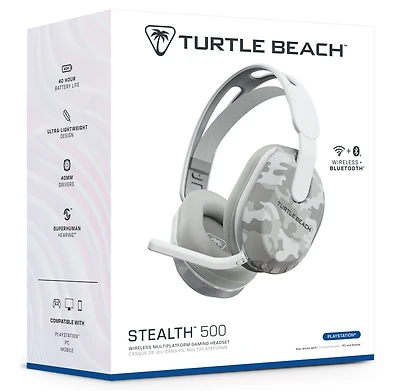 Turtle Beach Stealth 500 – Camo - arctique (PlayStation) Le casque Turtle Beach® Stealth™ 500 pour PlayStation®, PC, et appareils mobiles est doté du Bluetooth®, d'une autonomie de la batterie allant jusqu'à 40 heures et plus encore, pour redéfinir les capacités d'un casque gaming sans fil « d'entrée de gamme ».