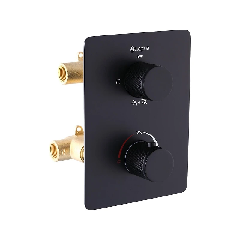 Valve thermostatique carrée avec déviateur à 4 voies d'Akuaplus®. 2 douchettes magnétiques, pouvant être utilisées simultanément. Douchette magnétique à 3 réglages avec bouton poussoir et pommeau de d