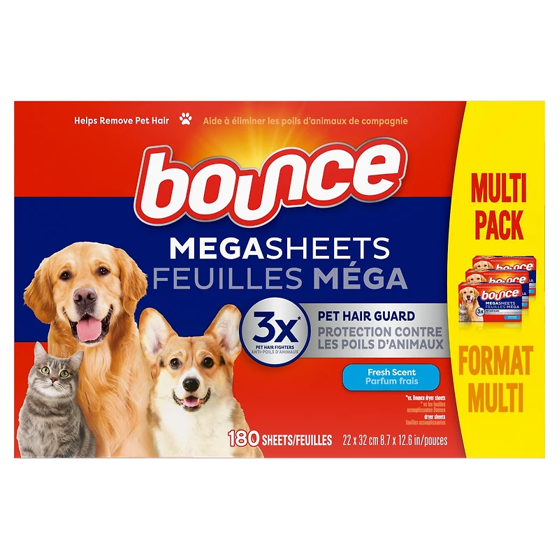 Bounce Pet Hair and Lint Guard Mega Dryer Sheets with Hair Fighters, Fresh Scent 180CT