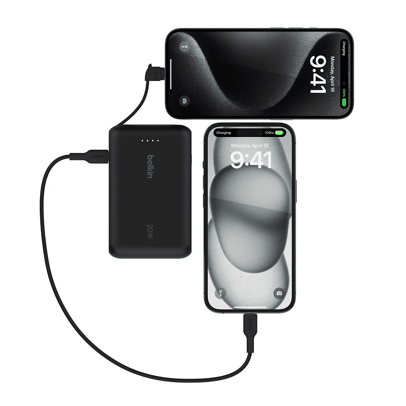 Belkin BoostCharge Portable Power Bank, 2.2in/5.7cm Integrated Cable 10,000mAh PD 20W Fast Charge USB-C Power Delivery, Portable iPhone Charger for iPhone 15 Series, iPad Pro, Galaxy S24 & More Black, BEL 10K 20W CABLE PWRBNK BLK