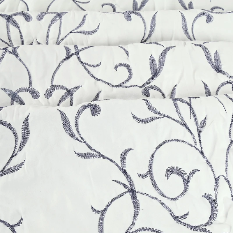 Marina Decoration Embroidered Stitching Coverlet Bedspread Ultra Soft Solid Bedding Summer Quilt Set with Quilted Sham, Navy Blue Branch Pattern