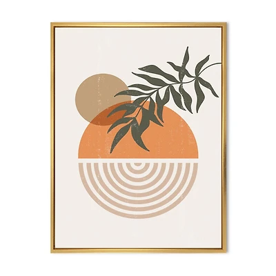 Designart Soleil géométrique abstrait et lune avec feuille I ART MURAL À CADRE FLOTTÉ