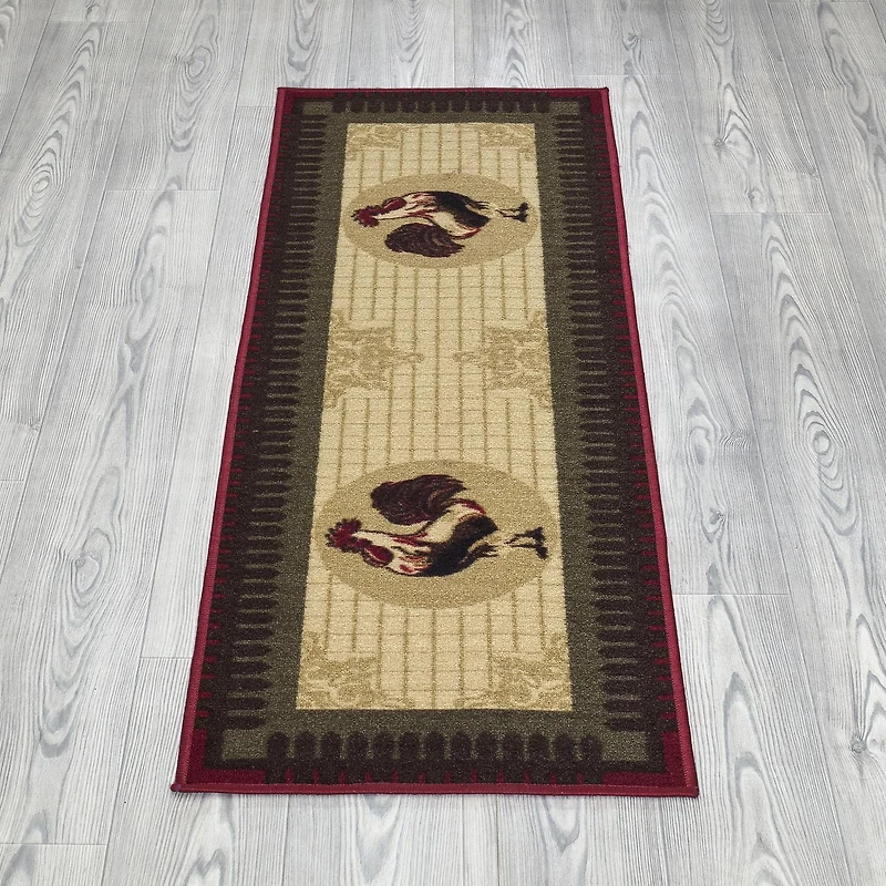 Tapis de couloir à motif coq à sous-couche en caoutchouc de la collection Siesta, 20 po. x 59 po., Coq sur fond beige
