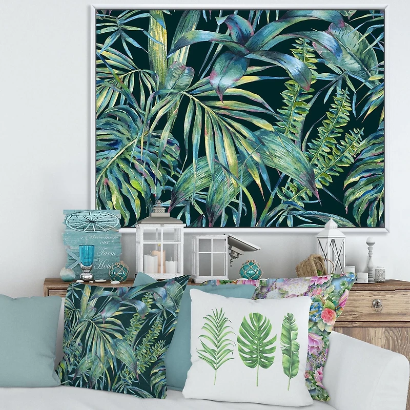 Designart Natural Leaves Exotic On Dark I FLOAT FRAME WALL ART