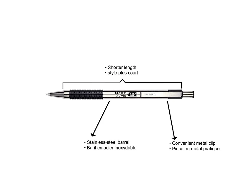 G-301 Stylo gel rétractable en acier inoxydable G-301 de Zebra - Noir Paq. de 2