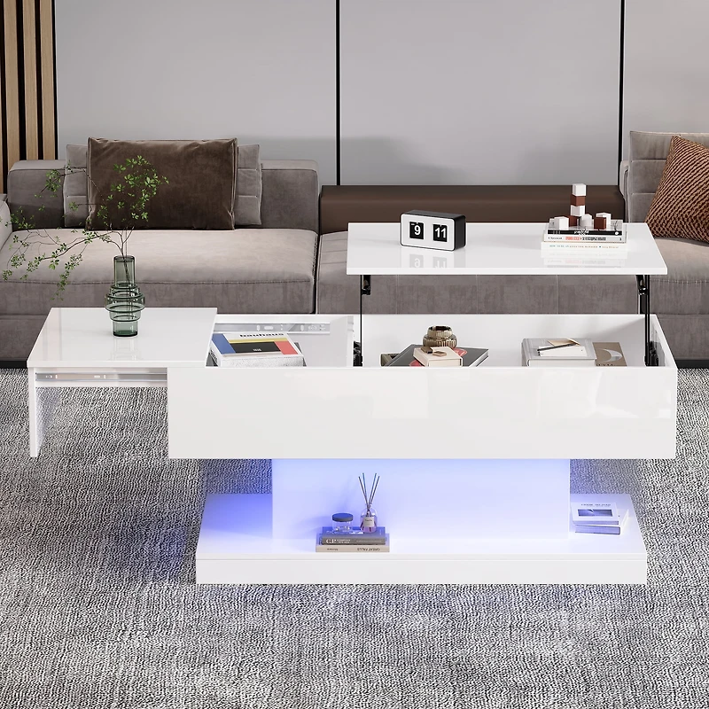 Table basse relevable Noble House, laquée brillante, éclairage DEL, plateau coulissant extensible et mécanisme de levage, blanche