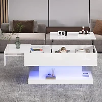 Table basse relevable Noble House, laquée brillante, éclairage DEL, plateau coulissant extensible et mécanisme de levage, blanche