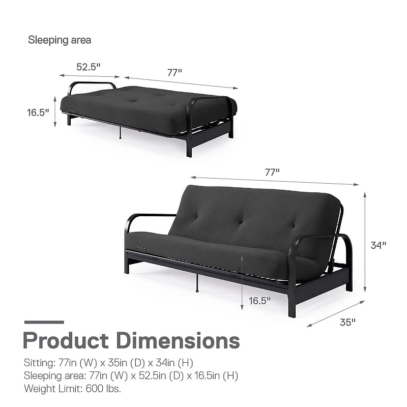 Mainstays Black Metal Arm Futon Frame with 6 inch Full Size Mattress & Retainer Covers, Futon with mattress