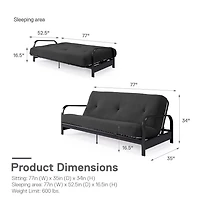 Mainstays Black Metal Arm Futon Frame with 6 inch Full Size Mattress & Retainer Covers, Futon with mattress