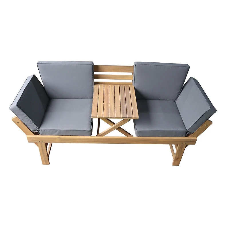 Deko Living Banc de patio/chaise longue d'extérieur en bois d'acacia avec table centrale rabattable et panneaux latéraux