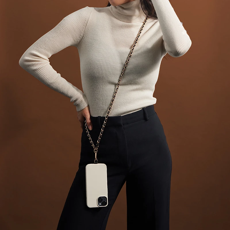 Artikl Vegan Leather & Metal Chain Crossbody Phone Strap - Black & Gold, Black & Gold, Univeral Crossbody Phone Strap