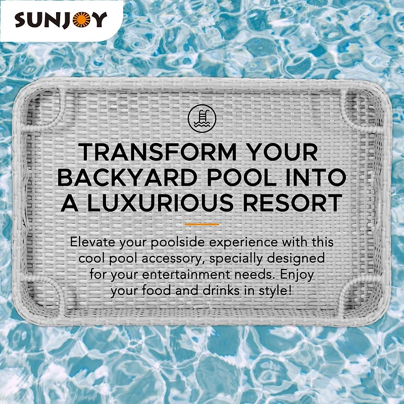 Sunjoy Wicker Floating Pool Tray 36''x24'',Aluminum Frame Pool Accessory Tray for Drinks, Snacks, and Essentials,Grey