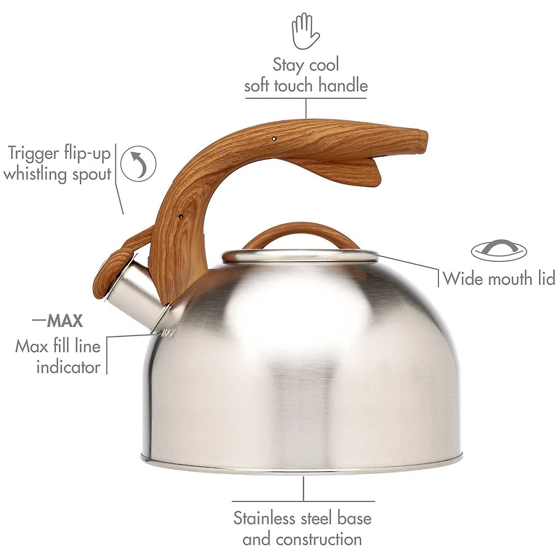 Primula Stainless Steel Whistling Kettle with Wood-Look Soft Touch Handles, Built-In Trigger Spout, Easy to Clean, 2.5 Quart