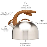 Primula Stainless Steel Whistling Kettle with Wood-Look Soft Touch Handles, Built-In Trigger Spout, Easy to Clean, 2.5 Quart