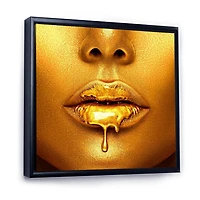 Designart Gold Paint Drips From Sexy Woman Lips FLOAT FRAME WALL ART
