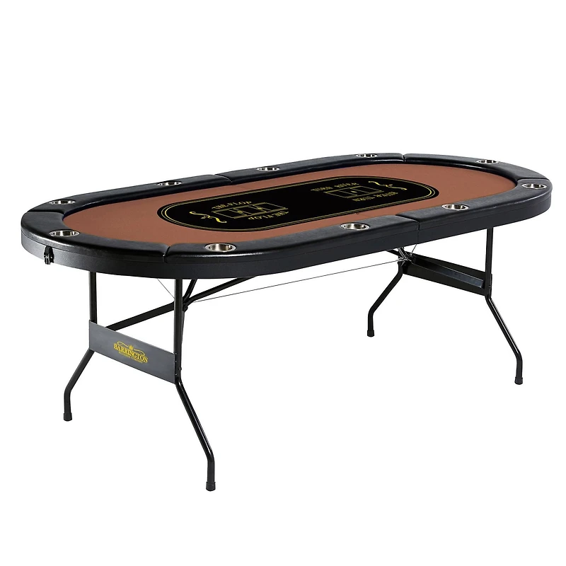 Table de poker pliable Barrington pour 10 joueurs avec porte-gobelets en acier et rebords rembourrés – Aucune installation requise, style casino, noir/brun