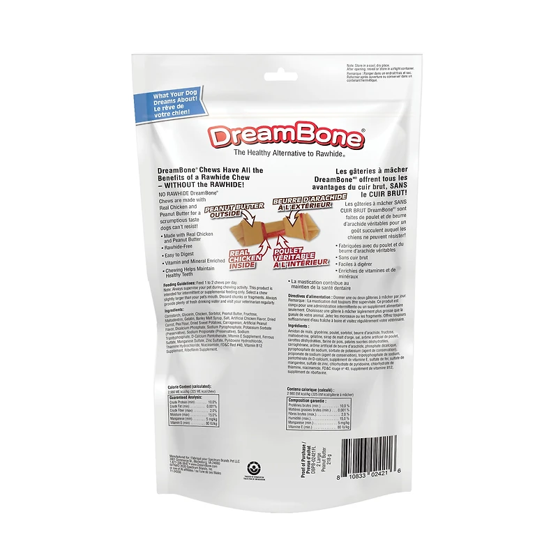 DreamBone Large Bones Made With Real Peanut Butter 2 Count, Rawhide-Free Chews For All Dogs, DreamBone Peanut Butter Large 2ct, 8.0oz, 218g