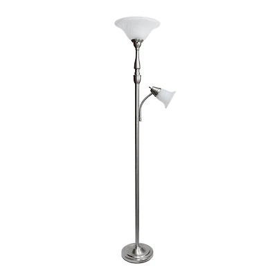 Lampe de sol mère-fille aux motifs élégants 2 Light avec verre marbré blanc, nickel brossé