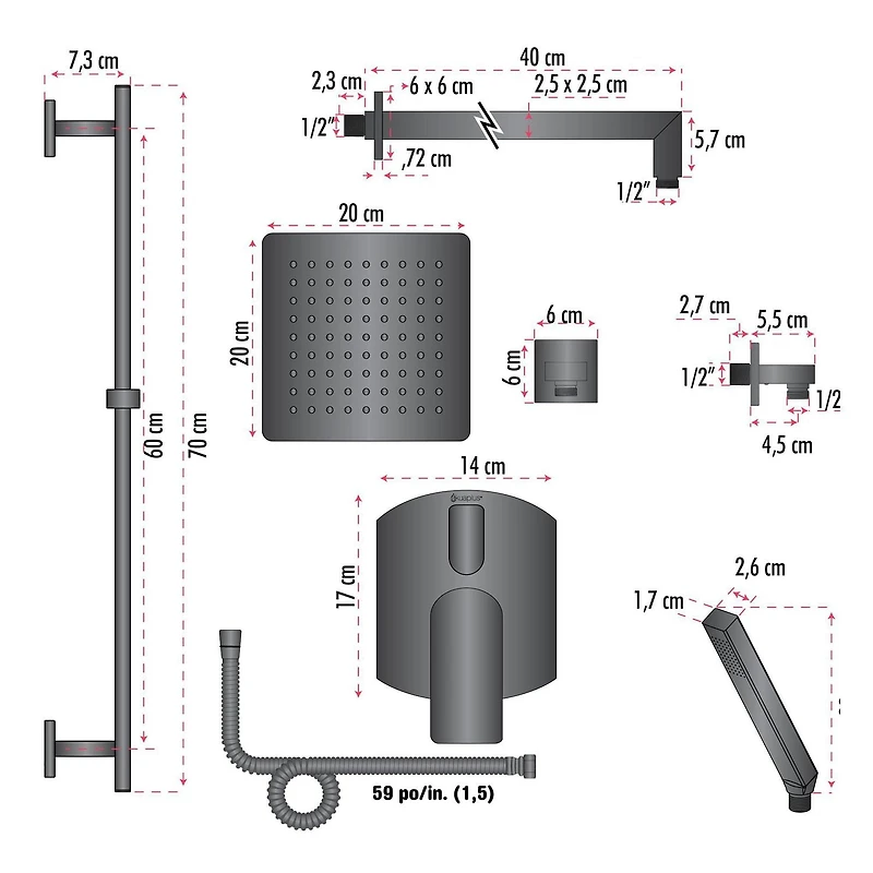 L'ensemble de robinet de couche akuaplus® ELENA avec cartouche à pression balancée et inverseur 2 voies plus 1, Un sytème de barre murale réglable avec douchette avec pommeau et raccord en laiton.