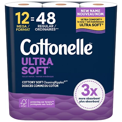 Papier hygiénique Cottonelle Ultra Soft, papier hygiénique résistant, 12 méga rouleaux