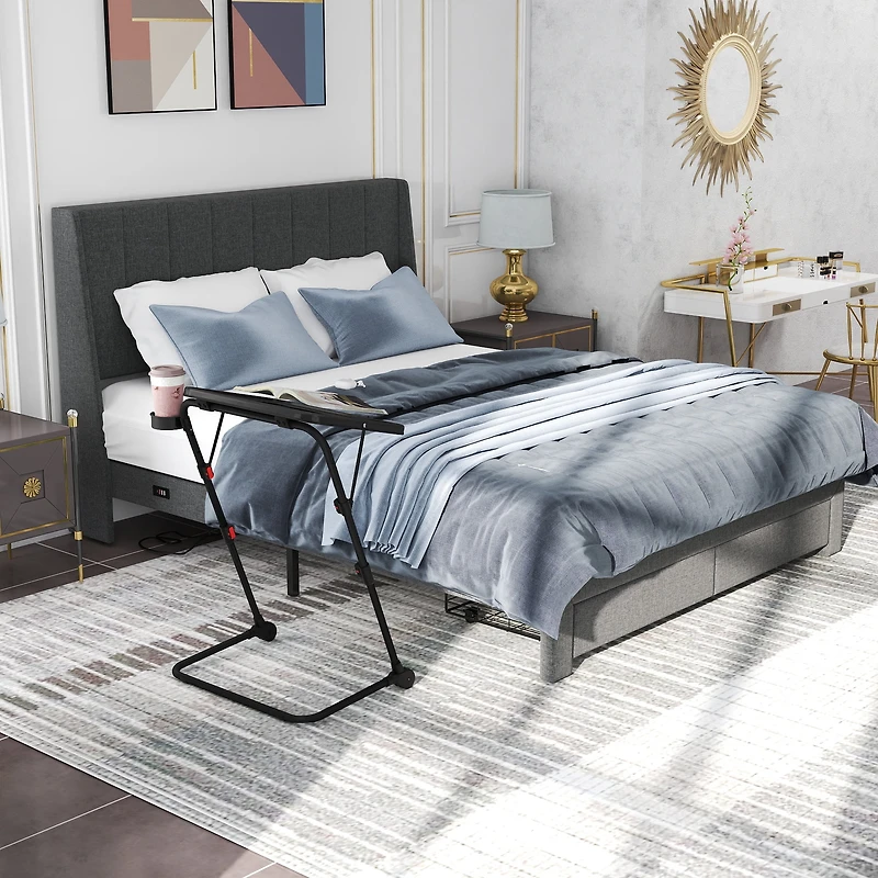 Lit queen-size Homy Casa gris capitonné avec rangement et bureau à plateau réglable, design compact