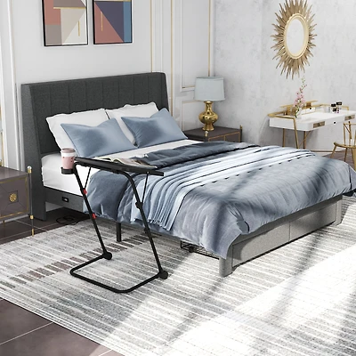 Homy Casa Grey Upholstered Queen Bed with Storage Drawers & Adjustable Tray Desk