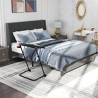 Lit queen-size Homy Casa gris capitonné avec rangement et bureau à plateau réglable, design compact