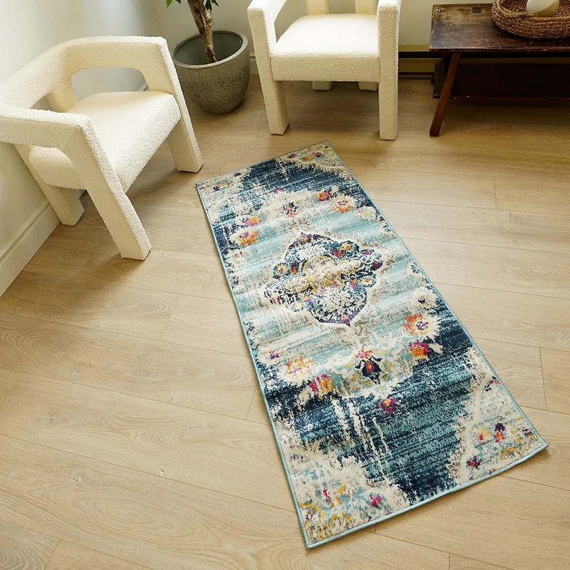 Tapis d'intérieur bohème Branch Savannah 2' x 30' (taille exacte : 2'3" 30'), bleu gris, style transitionnel - Entrée, couloir, salle de bain et cuisine