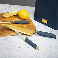 Thyme & Table Ensemble de 7 couteaux à bloc fin avec lames dorées et bloc bleu