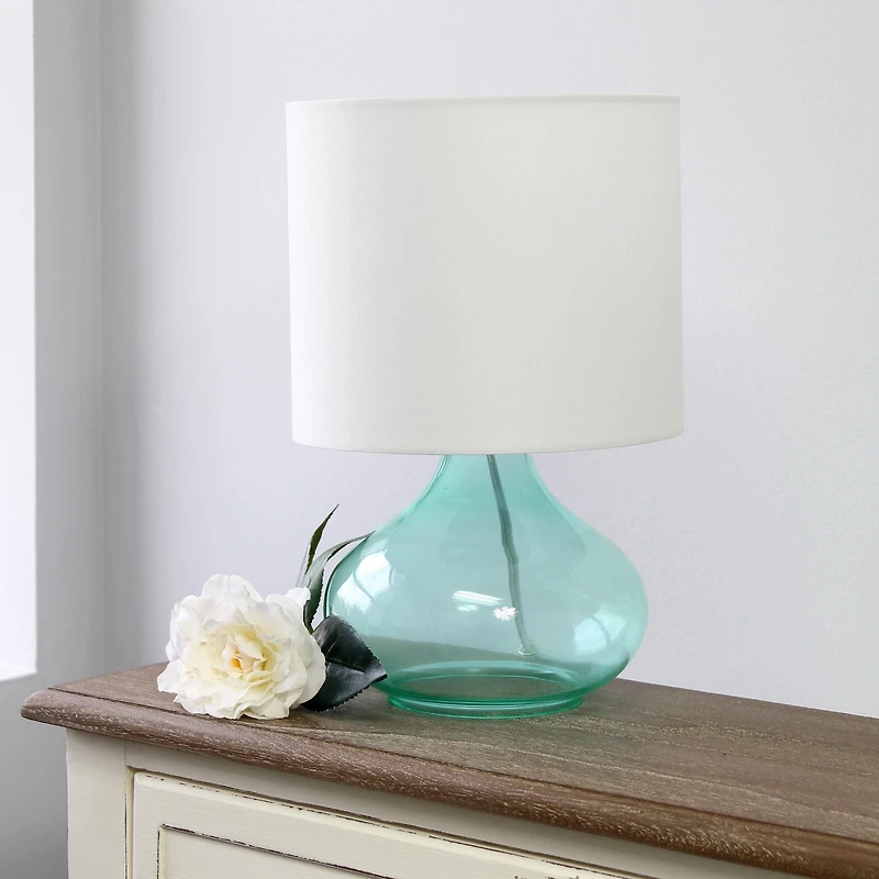Simple Designs Glass Raindrop Table Lamp with Fabric Shade, Aqua with White Shade