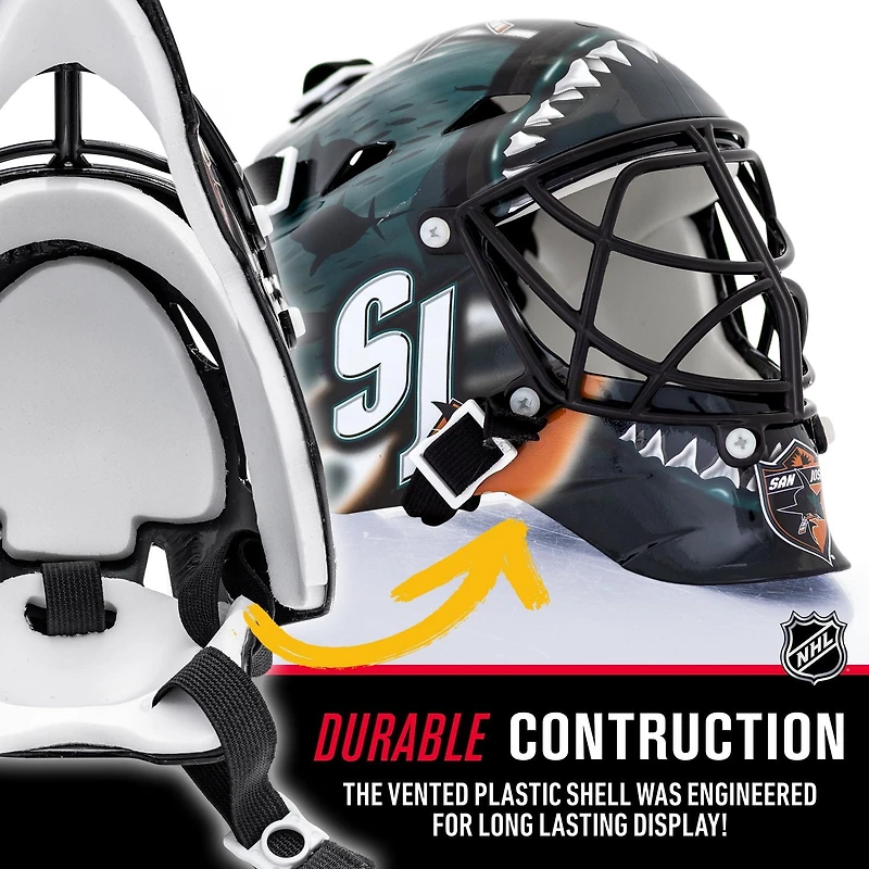 Franklin Sports Mini masque de gardien de but de hockey avec logo de l'équipe de la NHL de Sharks avec étui – Masque de gardien de but de collection avec logos et couleurs officiels de la NHL