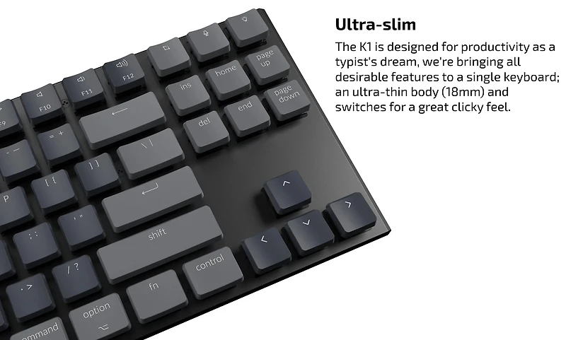 Keychron K1 V2 Clavier mécanique sans fil à profil bas - Noir - DEL blanche - Cadre en aluminium - Gateron Blue - Disposition TKL - Windows Mac OS Android K1-L2