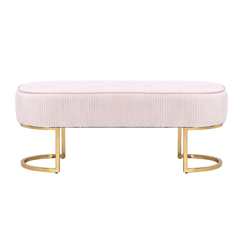Banc Elinor, banc en velours, banc ovale en velours, banc ovale avec pieds dorés, banc sans dossier, repose-pieds en velours bleu, banc de chambre à coucher, banc d'entrée, banc de salon