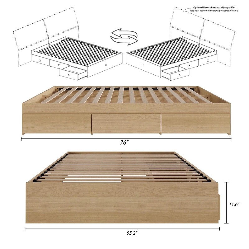 Lit rangement 3 tiroirs Nordik de Nexera, fini Érable naturel