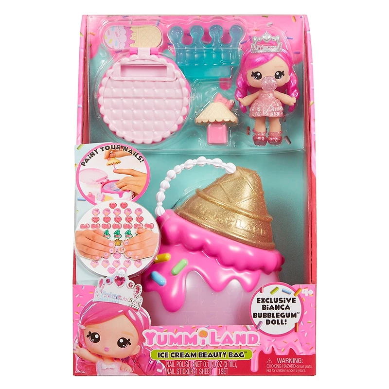 Yummiland Beauty Bag Playset + Lip Gloss Doll - Ice Cream Bag Includes exclusive Bianca Bubbglegum, Nail Polish + Nail Stickers, Manicure, Doll Playset, Cosmetic Play 4+
