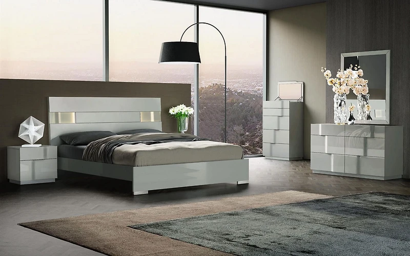 K-Living Latina Grey Lacquer Finish Double-Size Bed with One-Touch LED Light
