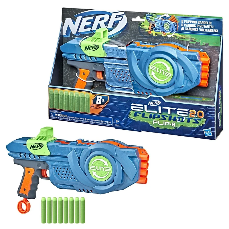 Nerf Elite 2.0, blaster Flipshots Flip-8 avec 2 fois 4 canons pivotants, capacité de 8 fléchettes, inclut 8 fléchettes Nerf Elite officielles