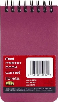 Poly Memo Book, 3 x 5, 200 Pages, Poly cover with college ruled white paper and one-hole punched.