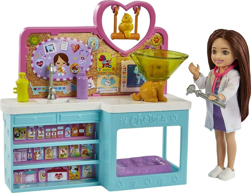 Barbie Chelsea Pet Vet Doll (Brunette) & Playset, 4 Animals, 18 Accessories, Ages 3+