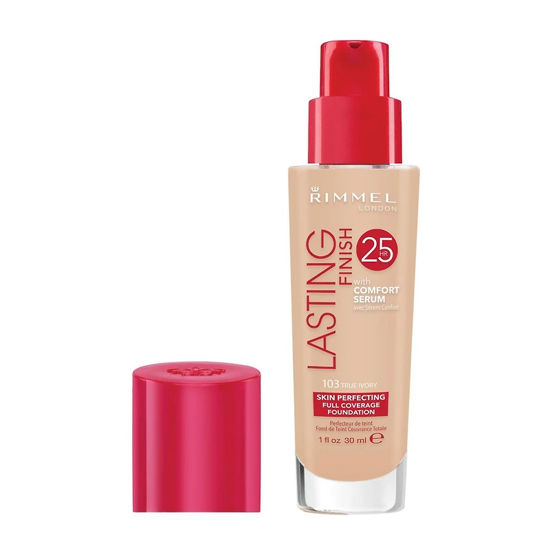 RimmelFond de teint Lasting Finish 25HR, avec vitamine E, hydratation instantanée, résistant à la transpiration & transfert, 100% Sans Cruauté Couvrance longue durée