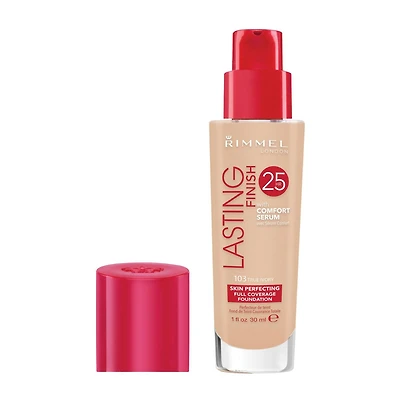 RimmelFond de teint Lasting Finish 25HR, avec vitamine E, hydratation instantanée, résistant à la transpiration & transfert, 100% Sans Cruauté Couvrance longue durée