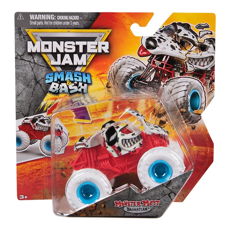 Monster Jam Smash & Bash Monster Mutt Dalmatian, Monster truck réparable en métal moulé à l'échelle 1:64, jouets pour garçons et filles à partir de 3 ans