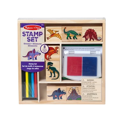 Melissa & Doug Jeu de timbres en bois Dinosaures, Tampons, Cadeau pour filles et garçons, 8 timbres, tampon d’encre, 5 crayons, Jouet créatif, Loisirs créatifs pour filles et garçons de 3 4 5 6 7 ans