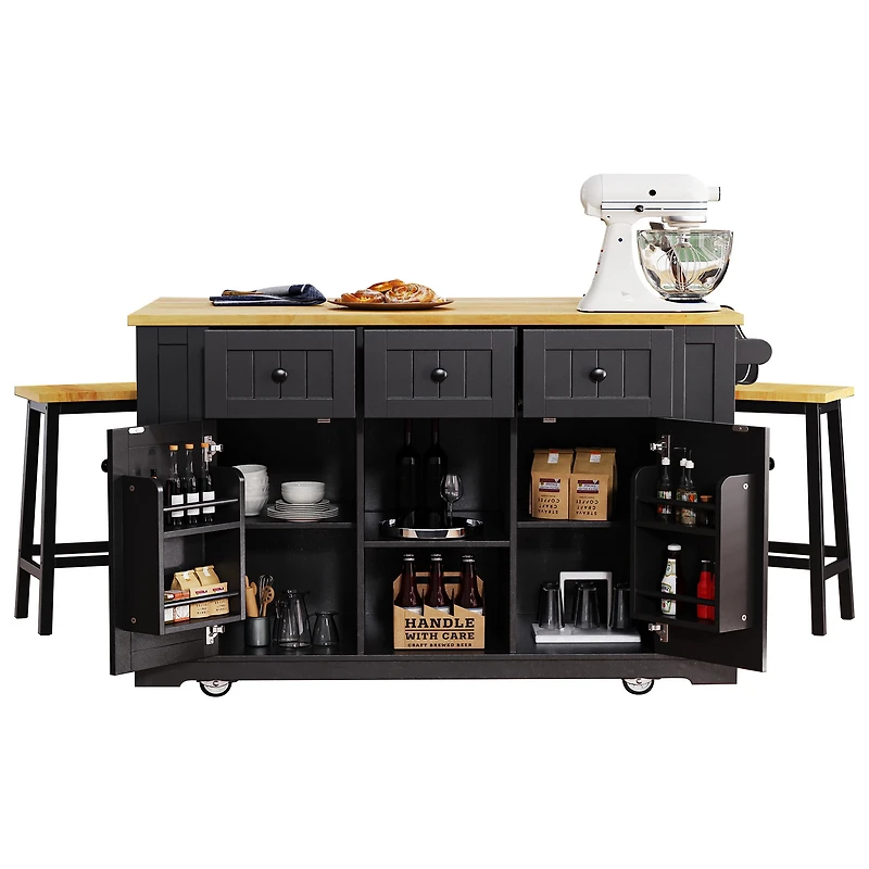 Noble House 53inch Large Kitchen Island with 2 Bar Stools, Power Outlet,Black