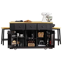 Noble House 53inch Large Kitchen Island with 2 Bar Stools, Power Outlet,Black